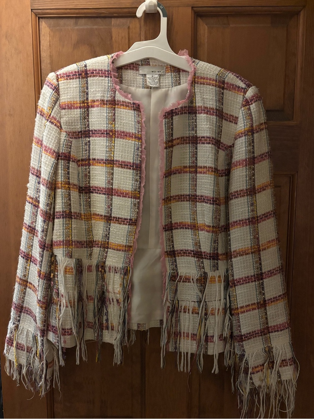 WD.NY Cream Tweed Fringe Blazer with Pink & Gold Plaid